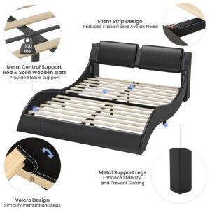 DICTAC Queen Bed Frame with Led Lights and Charging Ports Modern Faux Leather Upholstered Queen Size Platform Bed with Headboard Wave Like Curve Low Profile Bed,Wood Slats Support,Easy Assembly,Black