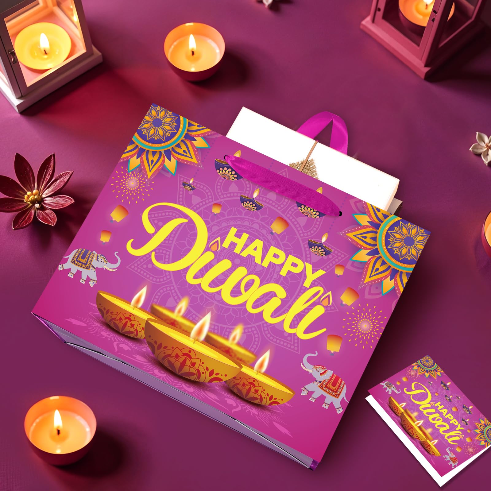 Happy Diwali Gift Bags Diwali Party Supplies Festival of Lights Favors Gift Bags with Wrapping Paper and Card Large Indian Diwali Wrapping Paper Bag Pink Candlelight Goodie Bags Deepavali Decoration