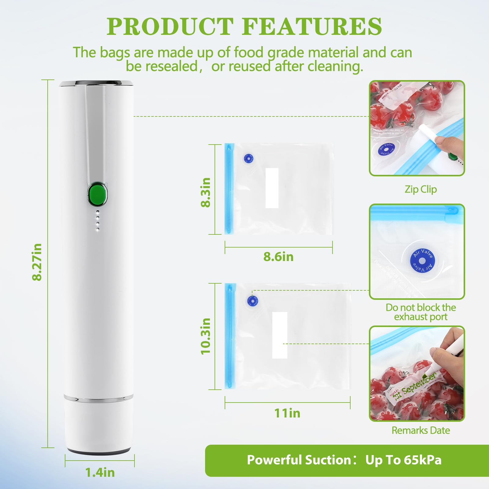 Vacuum Sealer for Food - Cordless Handheld Food Vacuum Saver with 10 Pcs Sealer Bags, Vacuum Sealer Machine for Food Preservation & Fresh - White