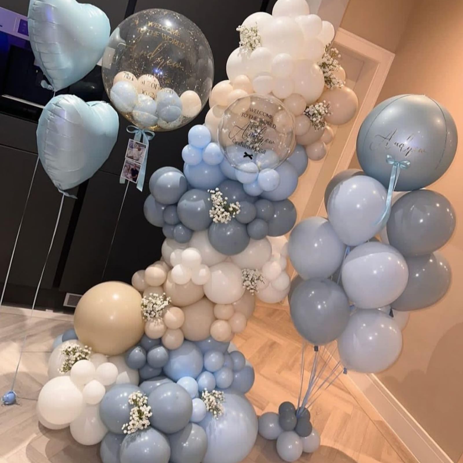 Dusty Baby Blue Gold Balloons,12 Inch Dusty Baby Blue Maca Blue White and Metallic Gold Balloons for Boy Baby Bridal Shower Birthday Gender Reveal Wedding Party Decorations