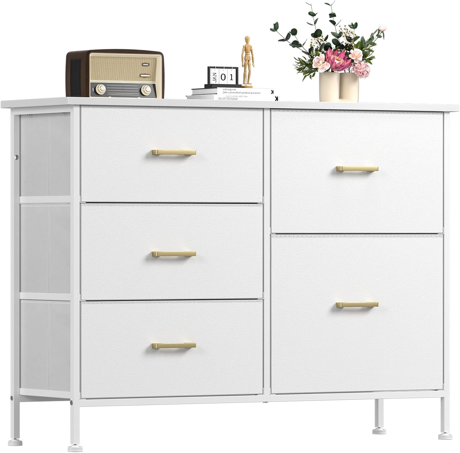 YILQQPER Dresser for Bedroom with 5 Drawers, Dresser TV Stand for 45" TV, Wide Bedroom Dresser Storage Organizers, Fabric Chest of Drawers, Dresser for Living Room, Closet, White