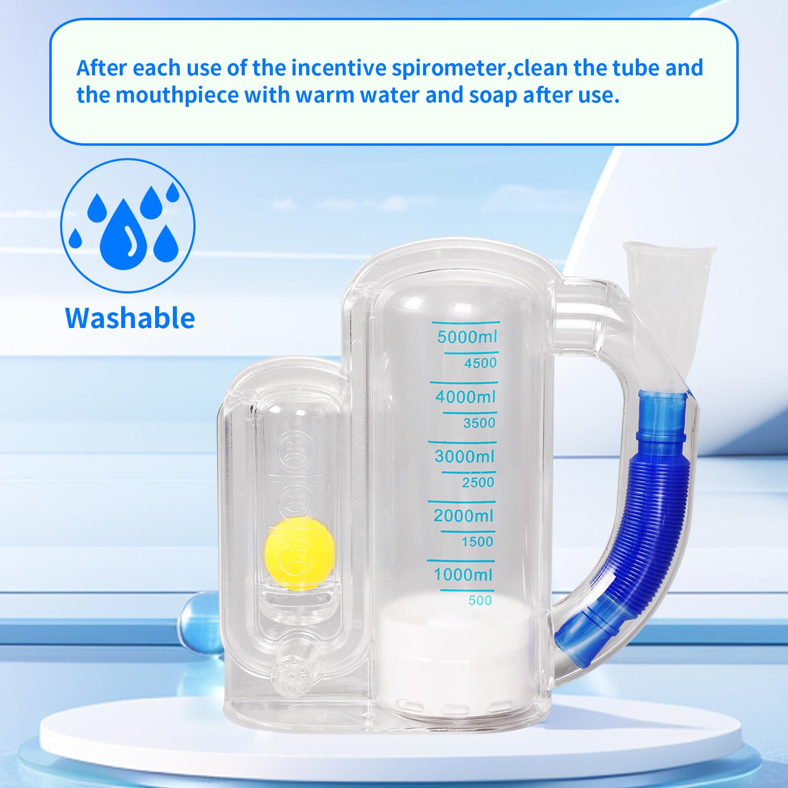 Incentive Spirometer (blue03) for Adult Breathing Exercise Device for Lungs Deep Breathing Trainer 5000ml Volume Measurement