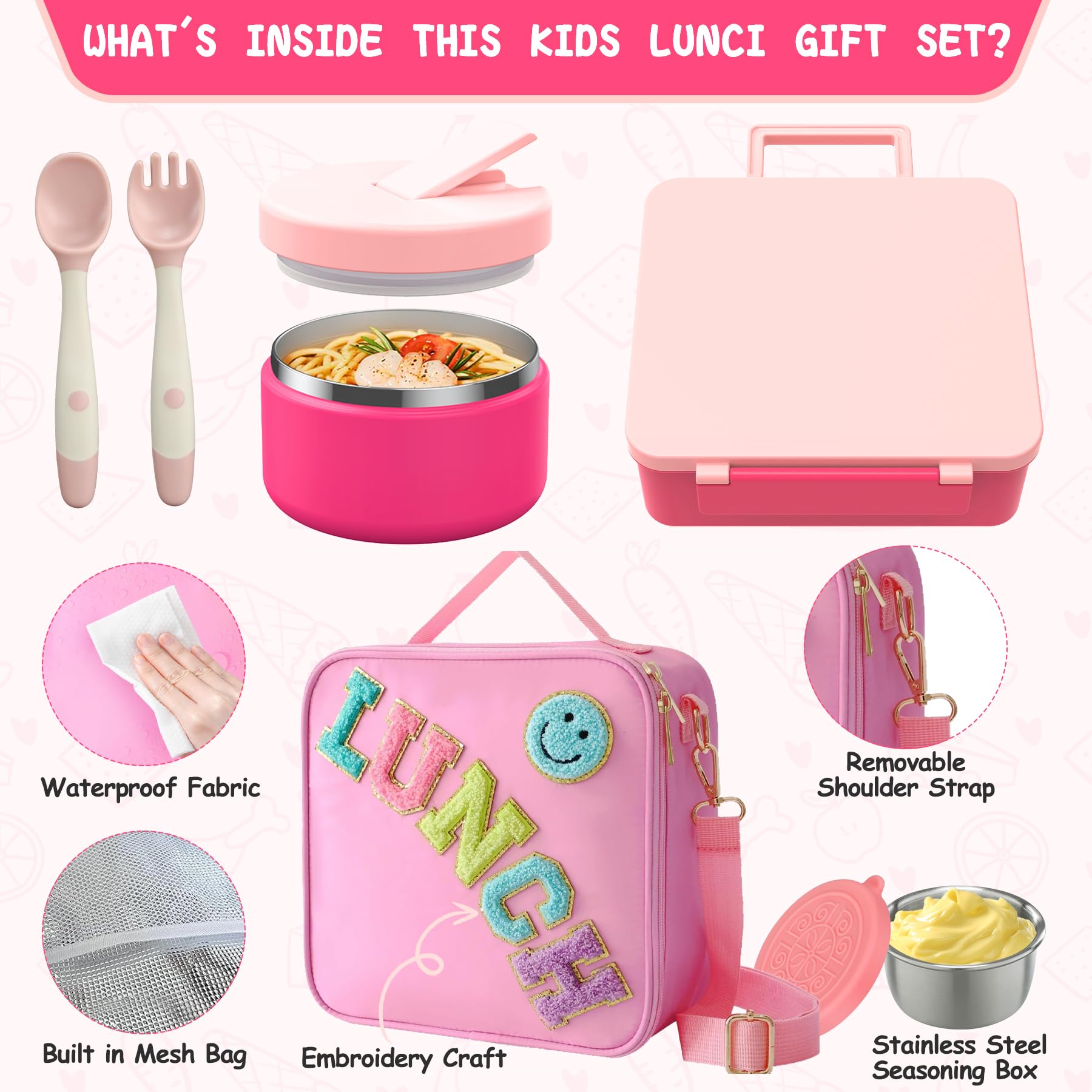 Kids Bento Lunch Box with 8oz Soup Thermo, Kids Leakproof Lunch Food Containers with 4 Compartment, Kids Insulated Hot Food Jar with Lunch Bag for School, Trvael (Pink)