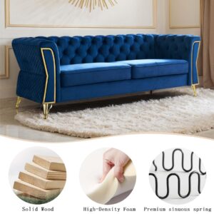 HRVEOCEI 87" Velvet Sofa with Gold Legs, Luxury Tufted Couch for Living Room,Chesterfield Sofa with Thick Cushion, Wide Armrest, High-Density Foam, Golden Metal Frame (Blue)