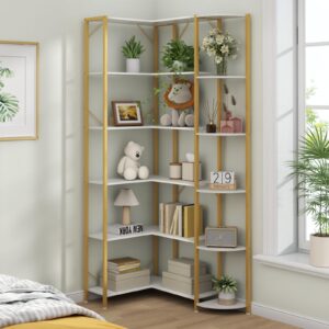 Loomie Gold Corner Shelf, 6-Tier 70.87" H Corner Bookcase, Tall Modern Corner Bookshelf Storage Display Rack, Open Book Case for Home Office & Living Room, Gold Finish Metal Frame & White Shelving