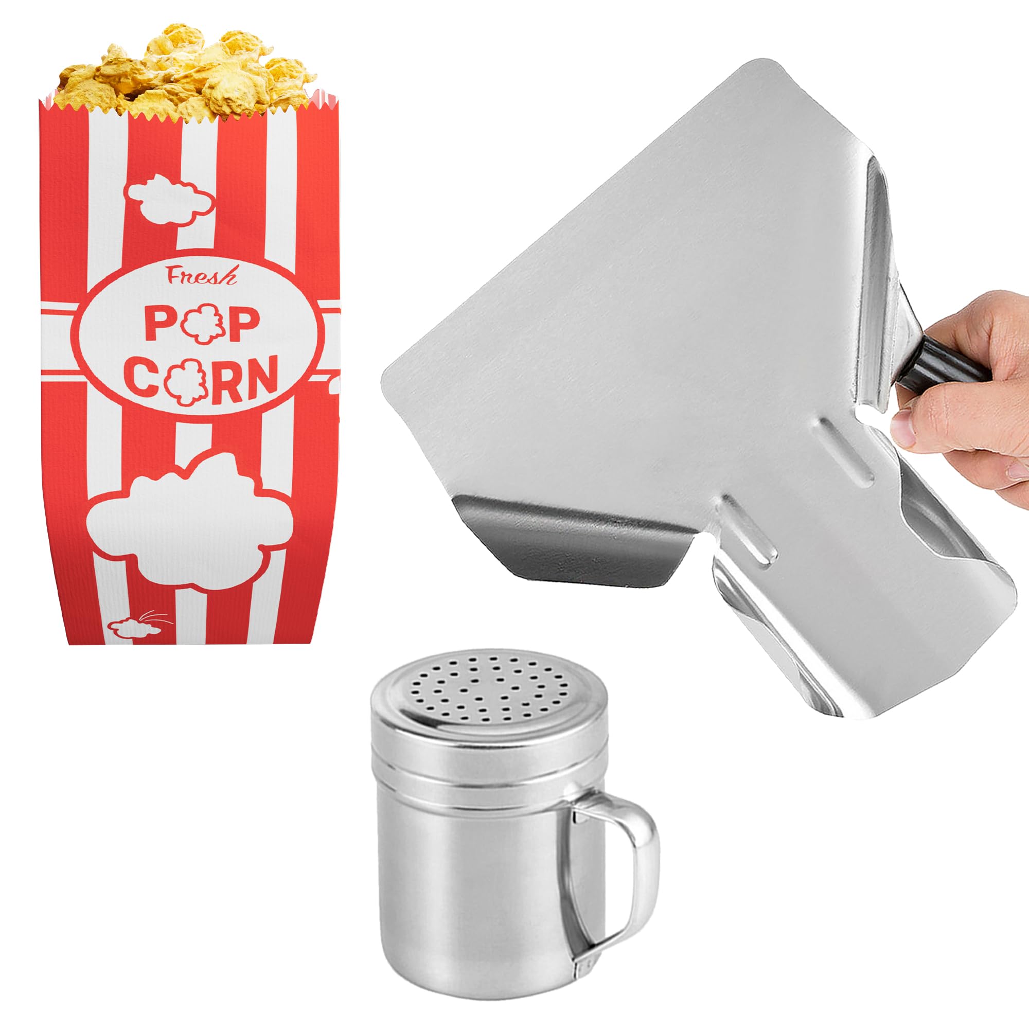 Concession Popcorn Scoop + 10 oz Salt Pepper Dredge Shaker + [100-pcs] 1 oz Red Popcorn Bags (Carnival Theme, Customizable) Bundle