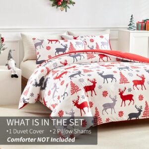 Rvciby Christmas Reindeer Duvet Cover Full Size,Soft and Breathable Microfiber Xmas Trees Pattern Printed Bedding Set,3 Pieces,1 Duvet Cover with Zipper Closure & Corner Ties and 2 Pillow Shams