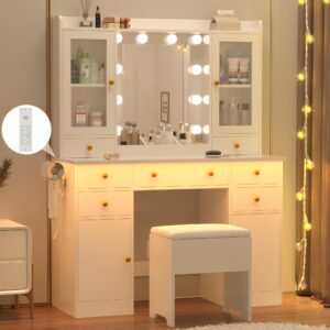 wodeer vanity desk with lighted mirror & power strip,makeup vanity table with rgb led lights & chair,white dressing table set with 7 drawers & 2 cabinet for girls women bedroom & dressing room,white