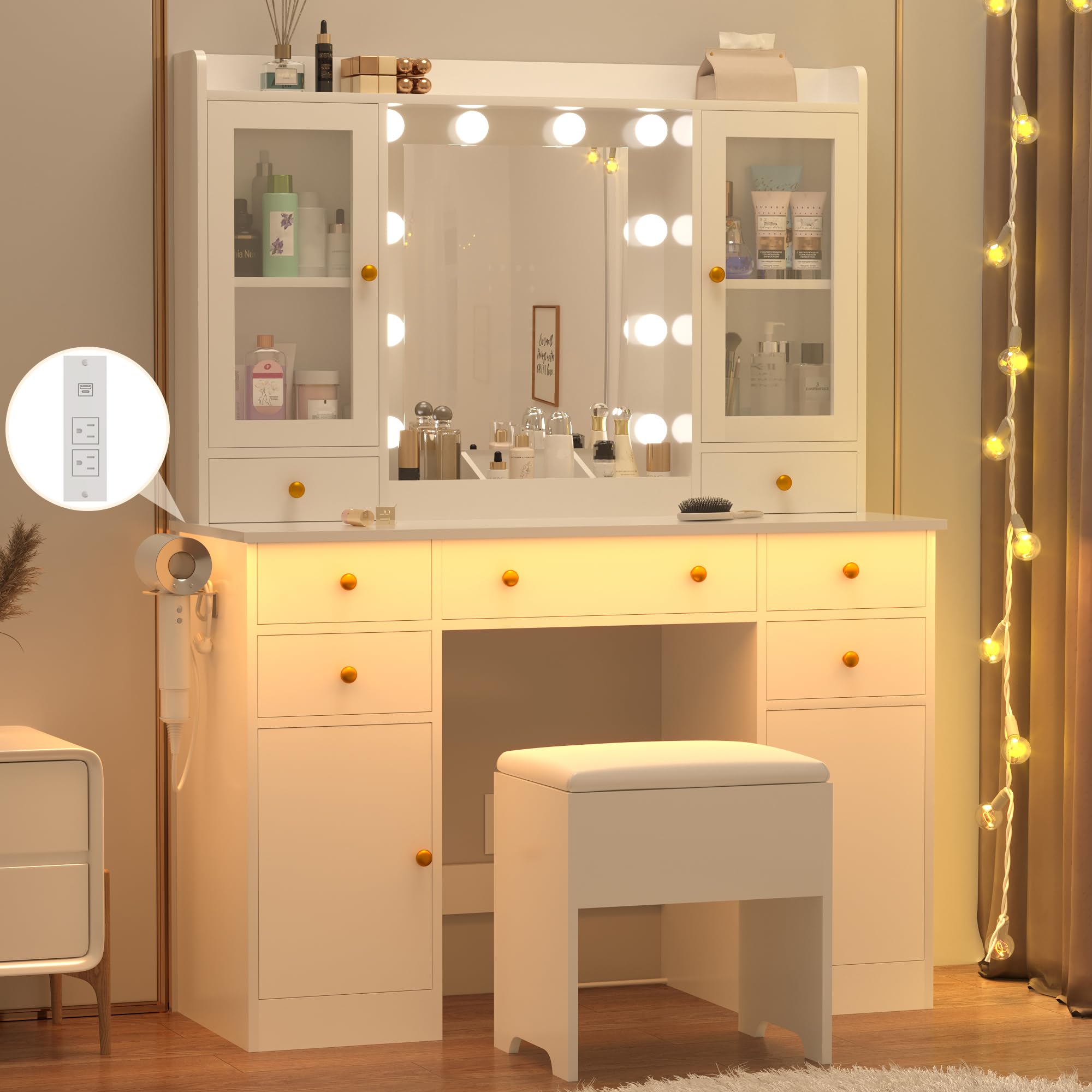 Wodeer Vanity Desk with Lighted Mirror & Power Strip,Makeup Vanity Table with RGB LED Lights & Chair,White Dressing Table Set with 7 Drawers & 2 Cabinet for Girls Women Bedroom & Dressing Room,White