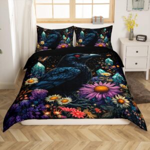 erosebridal crow comforter cover full size, halloween raven bedding set for kids teens adult women, black bird animal duvet cover flower daisy floral quilt cover rustic farmhouse decoration