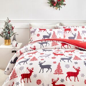 Rvciby Christmas Reindeer Duvet Cover Full Size,Soft and Breathable Microfiber Xmas Trees Pattern Printed Bedding Set,3 Pieces,1 Duvet Cover with Zipper Closure & Corner Ties and 2 Pillow Shams