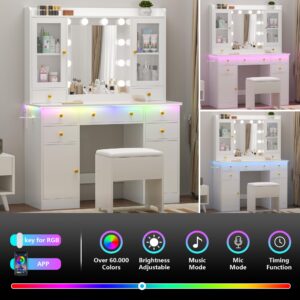 Wodeer Vanity Desk with Lighted Mirror & Power Strip,Makeup Vanity Table with RGB LED Lights & Chair,White Dressing Table Set with 7 Drawers & 2 Cabinet for Girls Women Bedroom & Dressing Room,White