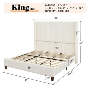 AMERLIFE King Size 62" Corduroy Upholstered Bed Frame, Luxurious Platform Bed with Extra Tall Wingback Headboard and Vertical Stripe, No Box Spring Needed/Solid Wood Slats & Legs/Cream