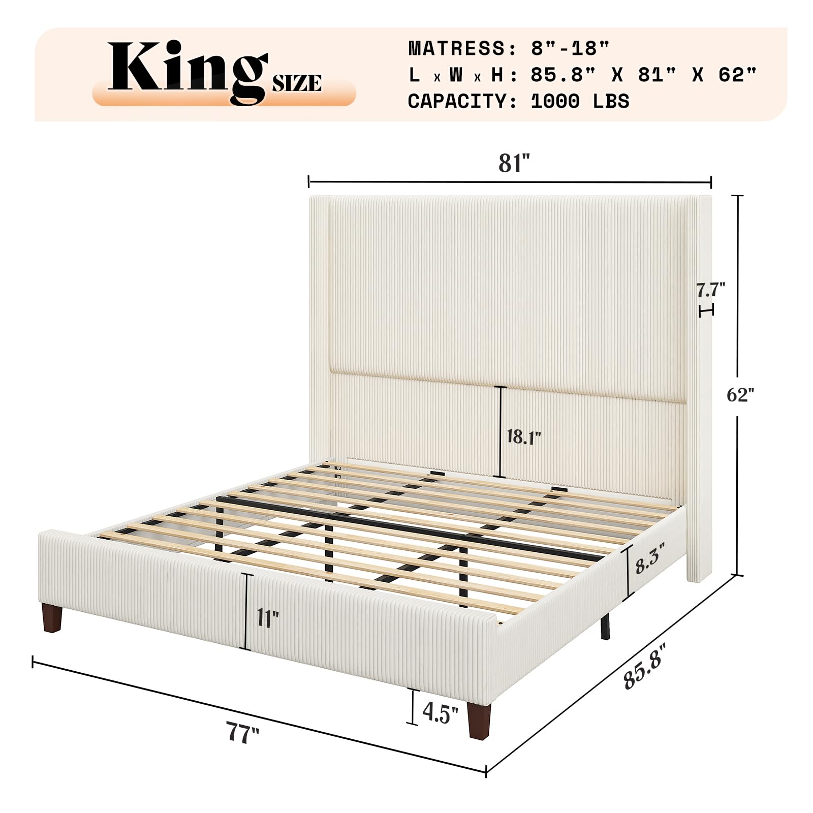 AMERLIFE King Size 62" Corduroy Upholstered Bed Frame, Luxurious Platform Bed with Extra Tall Wingback Headboard and Vertical Stripe, No Box Spring Needed/Solid Wood Slats & Legs/Cream