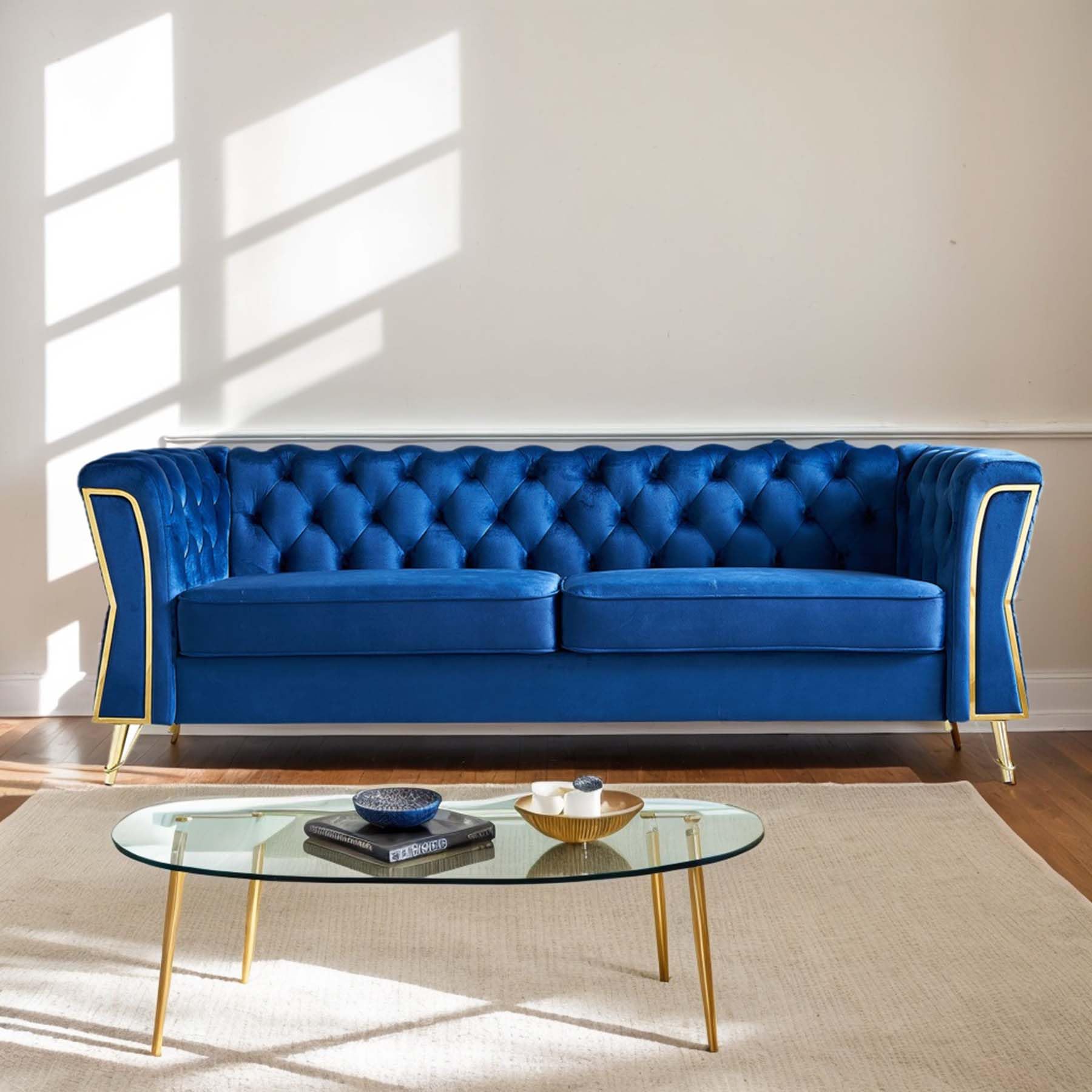 HRVEOCEI 87" Velvet Sofa with Gold Legs, Luxury Tufted Couch for Living Room,Chesterfield Sofa with Thick Cushion, Wide Armrest, High-Density Foam, Golden Metal Frame (Blue)