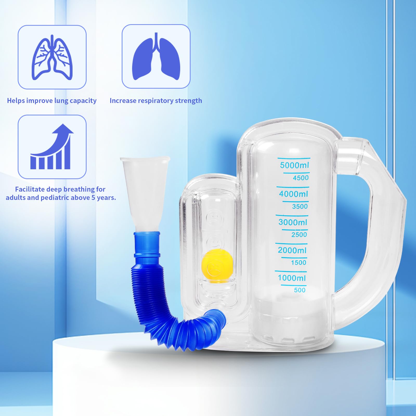 Incentive Spirometer (blue03) for Adult Breathing Exercise Device for Lungs Deep Breathing Trainer 5000ml Volume Measurement