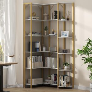 Loomie Gold Corner Shelf, 6-Tier 70.87" H Corner Bookcase, Tall Modern Corner Bookshelf Storage Display Rack, Open Book Case for Home Office & Living Room, Gold Finish Metal Frame & White Shelving