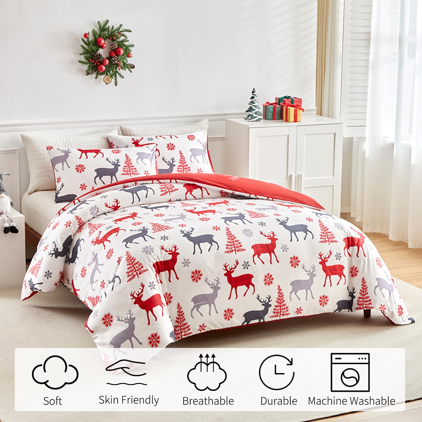 Rvciby Christmas Reindeer Duvet Cover Full Size,Soft and Breathable Microfiber Xmas Trees Pattern Printed Bedding Set,3 Pieces,1 Duvet Cover with Zipper Closure & Corner Ties and 2 Pillow Shams