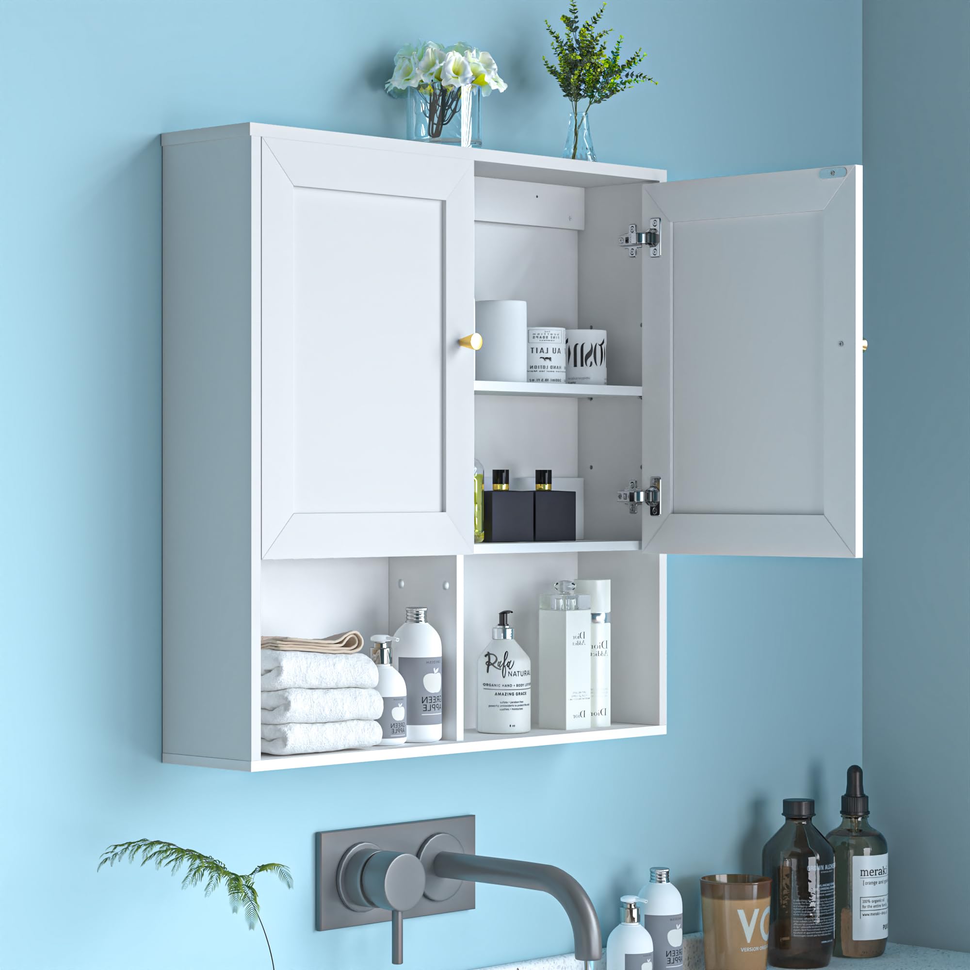 Azheruol Bathroom Wall Cabinet, Medicine Cabinet with 2 Door and Adjustable Shelves,3-Tier Wood Hanging Storage Over The Toilet,White Wall Mounted Cabinet for Bathroom, Kitchen,Laundry Room