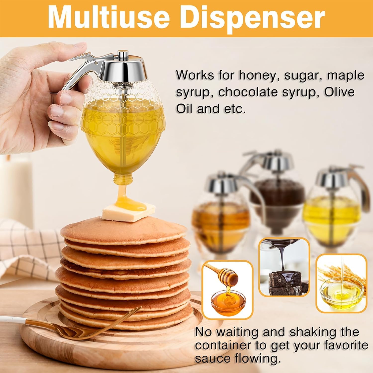 Honey Dispenser No Drip Glass, Maple Syrup Dispenser, Honey Jar with Stand, 8 oz Beautiful Honey Comb Shaped Honey Pot, Perfect Bee Decoration for Home Kitchen