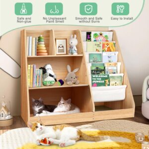 3 Tier Wooden Bookshelf for Kids: Five Layer Sling Children Bookcase - Toddler Book Toy Organizer Cabinet Chest for Playroom Nursery Classroom Library