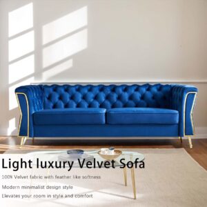 HRVEOCEI 87" Velvet Sofa with Gold Legs, Luxury Tufted Couch for Living Room,Chesterfield Sofa with Thick Cushion, Wide Armrest, High-Density Foam, Golden Metal Frame (Blue)