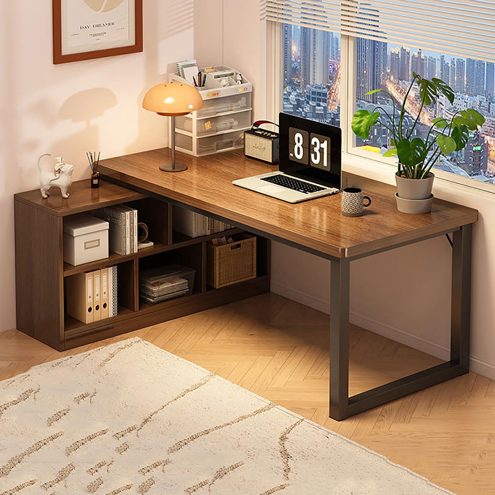 JIXDILO Modern L Shaped Desk with Shelves,Reversible L Shaped Computer Desk,Corner Computer Desk with File Cabinet,Workstation Executive Desk for Home Office(120x80x75cm(47x31x30inch), Wood)