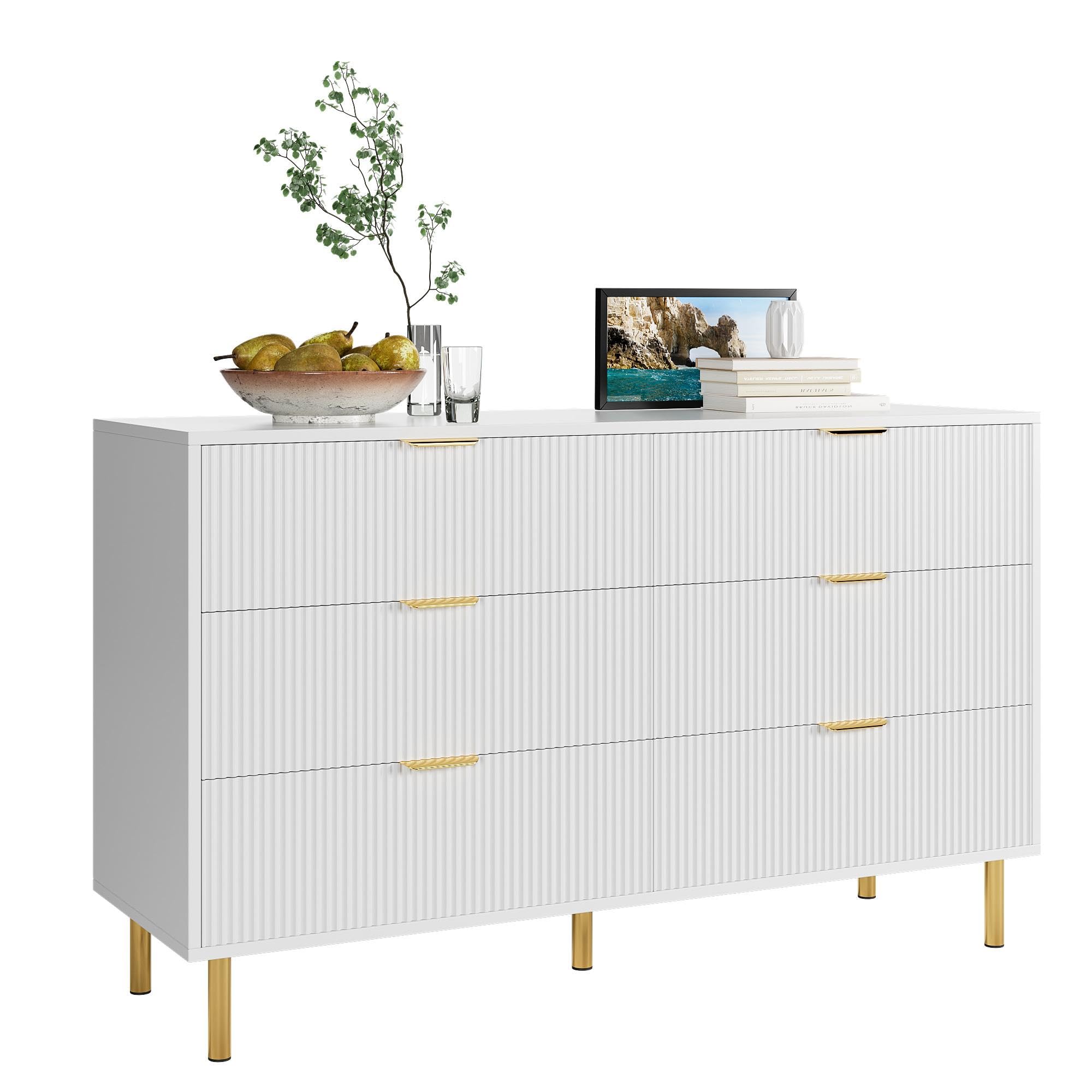 IDEALHOUSE White 6 Drawer Dresser for Bedroom, 56” Wide Wood Dresser Organizer with Metal Legs, Modern Chest of Drawers for Bedroom, Hallway, Home Office