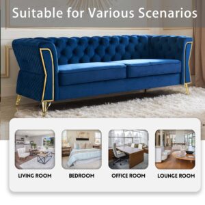 HRVEOCEI 87" Velvet Sofa with Gold Legs, Luxury Tufted Couch for Living Room,Chesterfield Sofa with Thick Cushion, Wide Armrest, High-Density Foam, Golden Metal Frame (Blue)