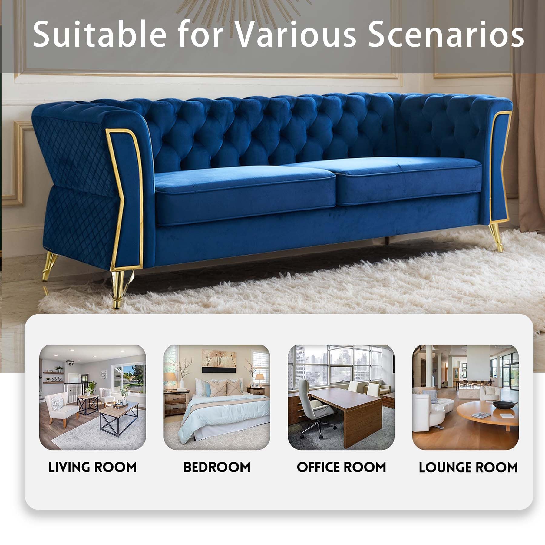 HRVEOCEI 87" Velvet Sofa with Gold Legs, Luxury Tufted Couch for Living Room,Chesterfield Sofa with Thick Cushion, Wide Armrest, High-Density Foam, Golden Metal Frame (Blue)