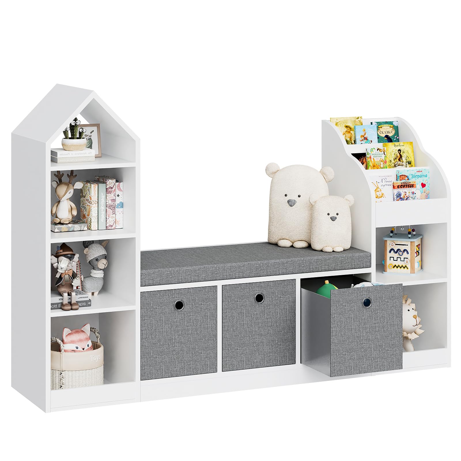 Kids Bookcase with Reading Nook, Bench Kids Bookshelf with 9 Storage Cubbies and 3 Drawers, Multi-Purpose Toy Storage Organizer with Seat Cushion for Playroom, Bedroom, Entryway, Living Room, White