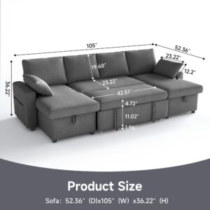 Winlice 4-in-1 Sofa Bed, U Shaped Sleeper Sofa with Pull Out Bed and Double Storage Chaise Sectional Couch for Living Room, Apartment and Hotel, Dark Gray