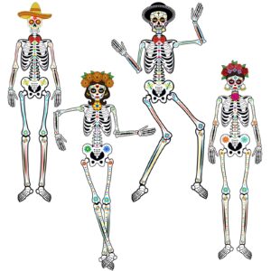 fjoron 4 pcs large day of the dead jointed skeletons hanging decorations vintage halloween skeleton decor for day of the dead halloween wall window door hanging decor