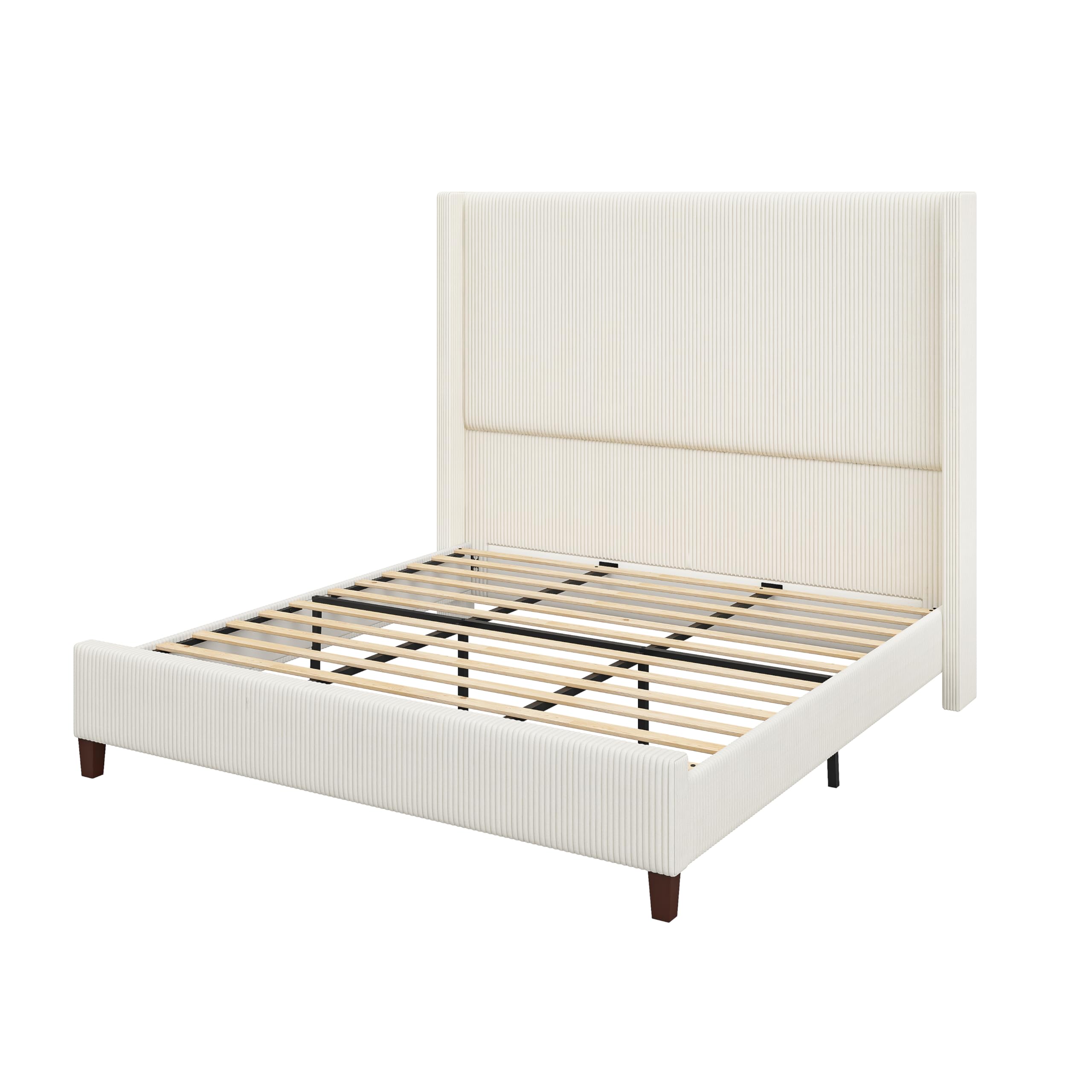 AMERLIFE King Size 62" Corduroy Upholstered Bed Frame, Luxurious Platform Bed with Extra Tall Wingback Headboard and Vertical Stripe, No Box Spring Needed/Solid Wood Slats & Legs/Cream