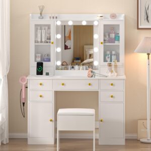 Wodeer Vanity Desk with Lighted Mirror & Power Strip,Makeup Vanity Table with RGB LED Lights & Chair,White Dressing Table Set with 7 Drawers & 2 Cabinet for Girls Women Bedroom & Dressing Room,White