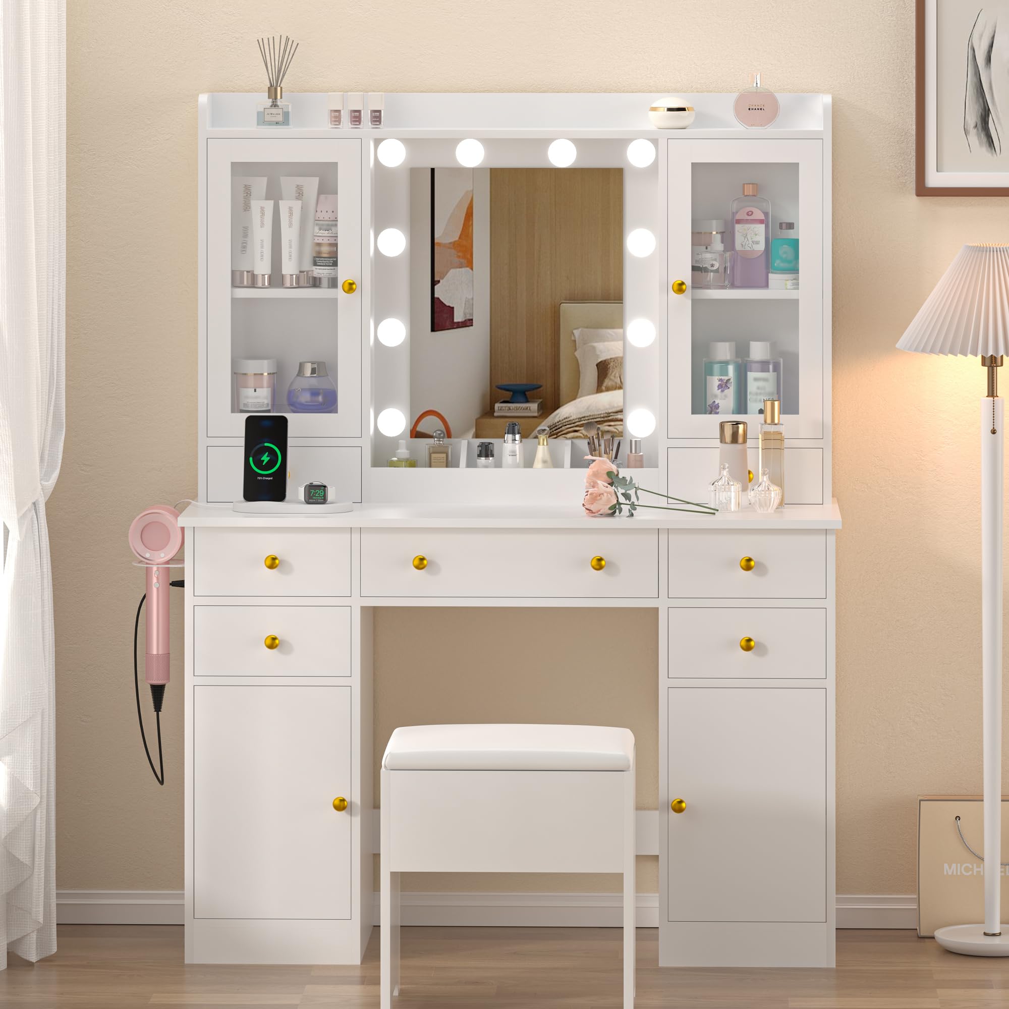 Wodeer Vanity Desk with Lighted Mirror & Power Strip,Makeup Vanity Table with RGB LED Lights & Chair,White Dressing Table Set with 7 Drawers & 2 Cabinet for Girls Women Bedroom & Dressing Room,White