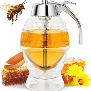 Honey Dispenser No Drip Glass, Maple Syrup Dispenser, Honey Jar with Stand, 8 oz Beautiful Honey Comb Shaped Honey Pot, Perfect Bee Decoration for Home Kitchen