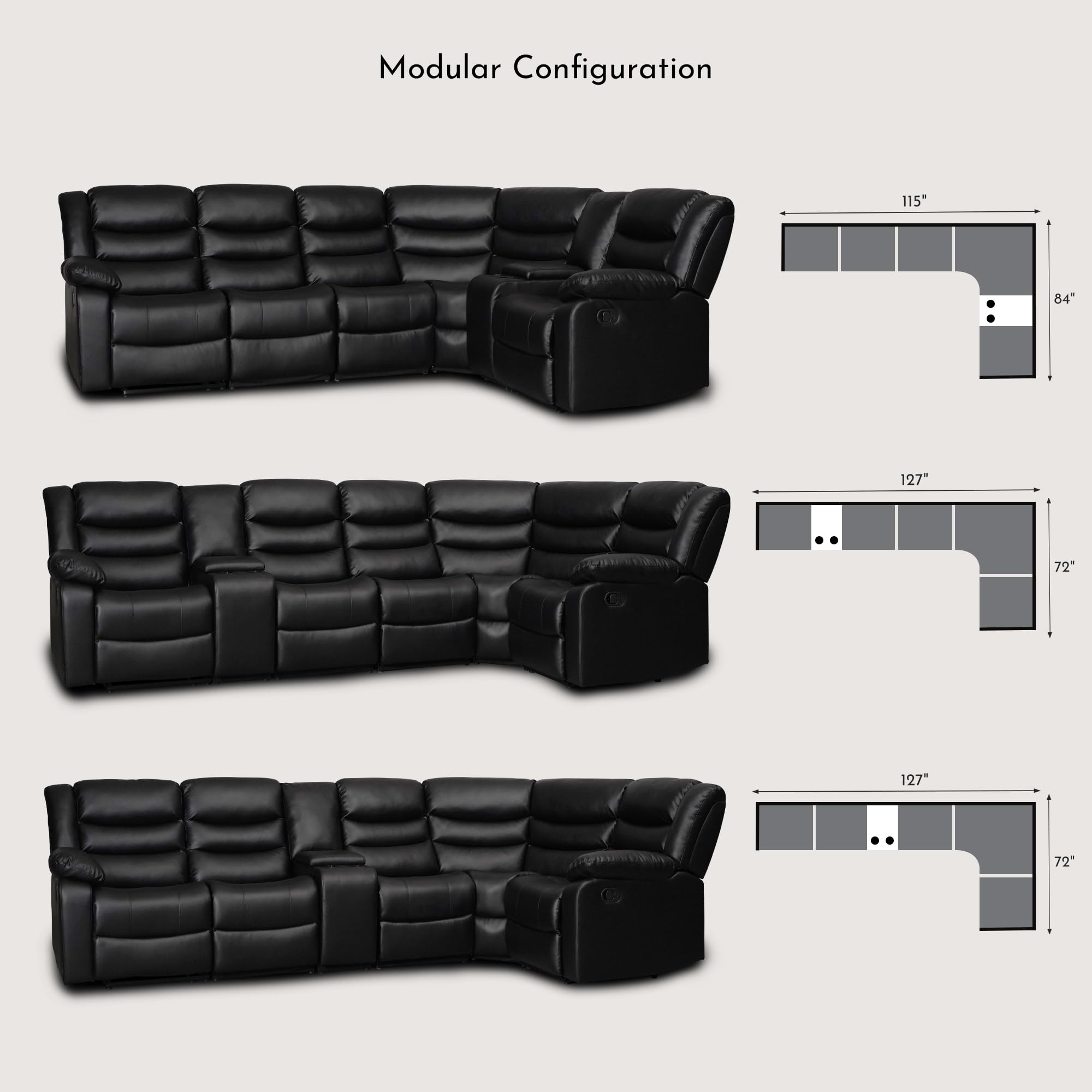 Recliner Sectional Sofa, Faux Leather Manual Reclining Sectional Couch, Modular Livingroom Furniture Sets with 1 Storage Console & 2 Cup Holders (Black)