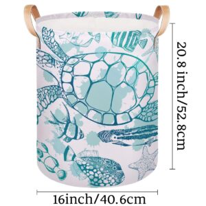 LLCXCSI Large Laundry Hamper Basket, Round Collapsible Storage Organizer Bin for Kids, Boys, Nursery, Closet, Bedroom, Playroom, Toys, Dirty Clothes, 16" W x 20" H (Sea Turtle Ocean Theme)