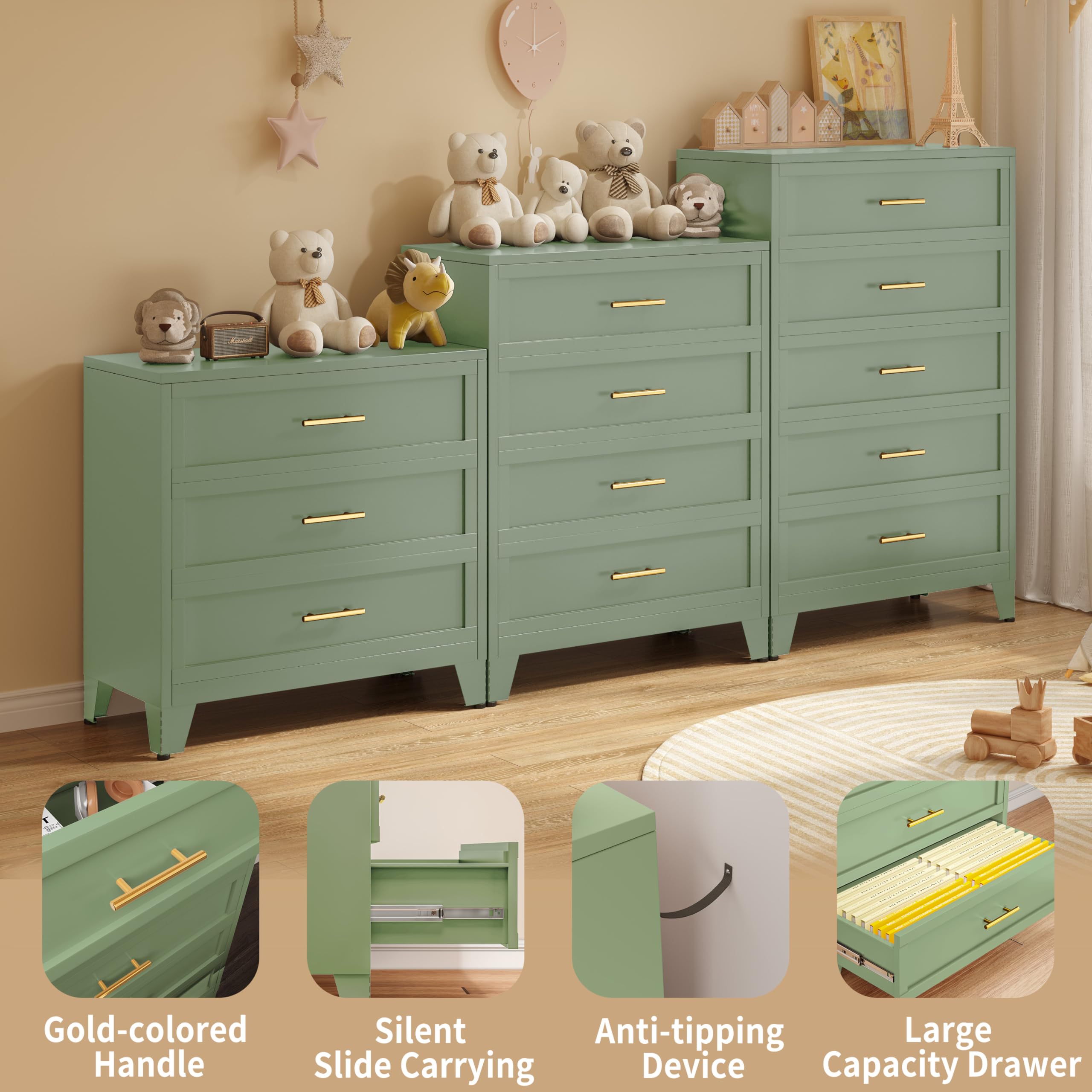 AUEYTVR Dresser for Bedroom Tall White Dresser, Chest of Drawers for Bedroom with Large Storage Space for Living Room, Hallway, Entryway, Home Office (Matcha Green, 4 Drawers)