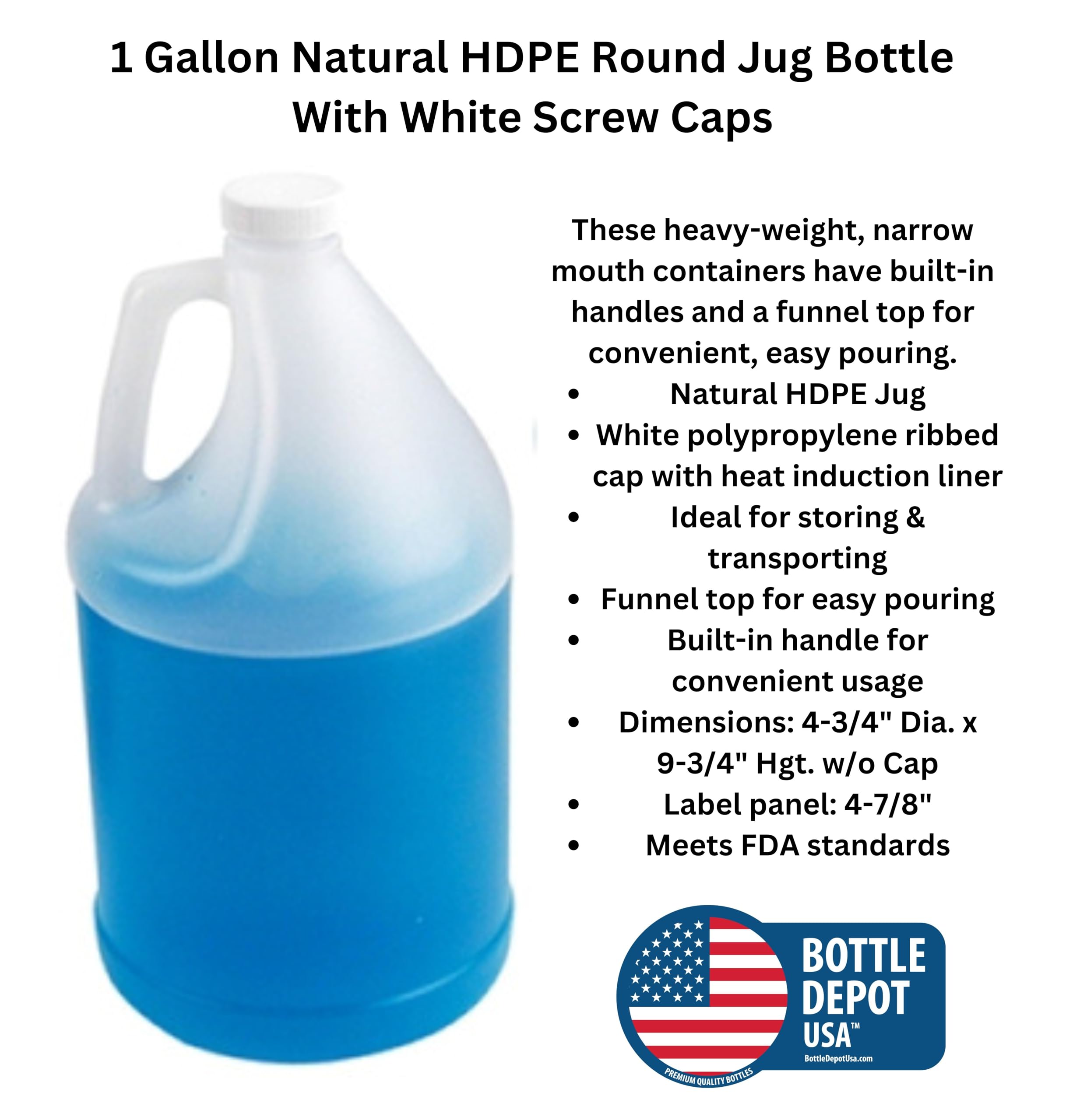 BOTTLE DEPOT USA 4 PACK 1-Gallon Empty Plastic Jugs, Reusable With Shipping Box, Food-Safe, BPA Free | Heavy-Duty HDPE | With White Tamper Evident Screw Caps