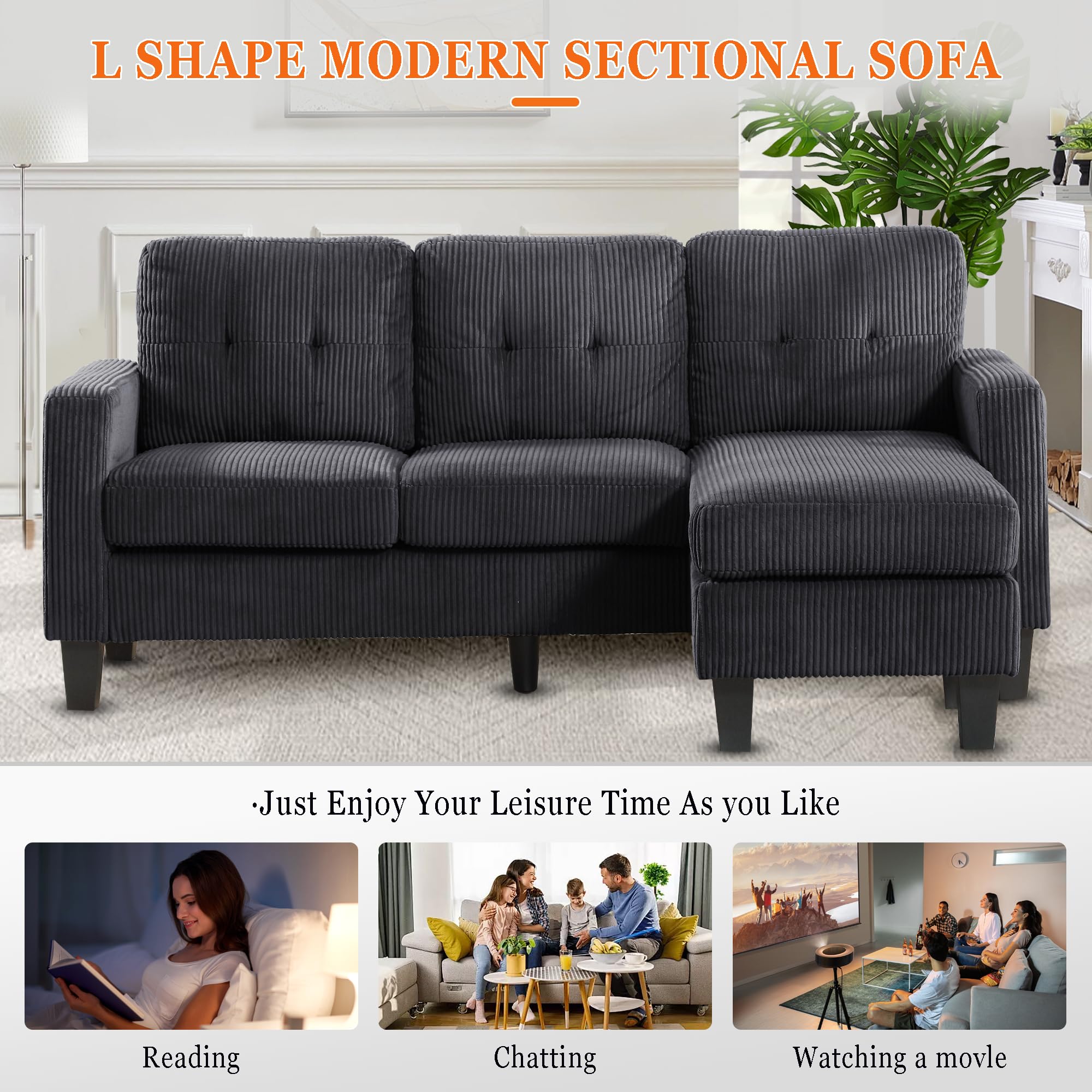 KYLE & KAY 73'' Convertible Sectional Sofa Couch, 3 Seat L-Shaped Sofa with Reversible Chaise, Small Couches for Small Spaces,Living Room, Apartment and Office, Black