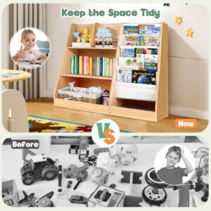 3 Tier Wooden Bookshelf for Kids: Five Layer Sling Children Bookcase - Toddler Book Toy Organizer Cabinet Chest for Playroom Nursery Classroom Library