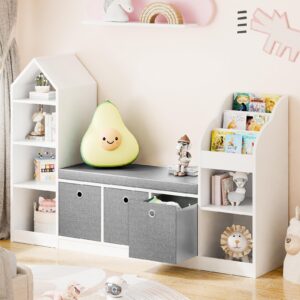 kids bookcase with reading nook, bench kids bookshelf with 9 storage cubbies and 3 drawers, multi-purpose toy storage organizer with seat cushion for playroom, bedroom, entryway, living room, white