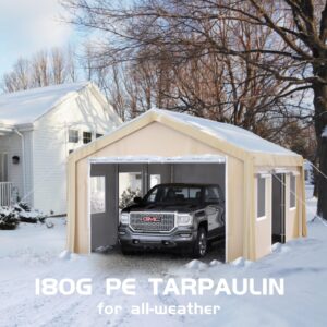 GarveeLife 10 x 20 ft Carport Heavy Duty, Portable Garage with 4 Roll-up Doors, 4 Mesh Windows, 180 g PE Tarps, and 8 x 1.0 mm Poles, for Full-Size Pickups, Bass Boats, and SUVs, Khaki