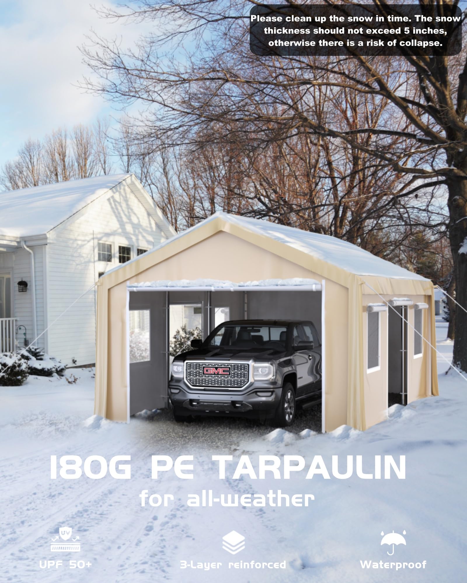 GarveeLife 10 x 20 ft Carport Heavy Duty, Portable Garage with 4 Roll-up Doors, 4 Mesh Windows, 180 g PE Tarps, and 8 x 1.0 mm Poles, for Full-Size Pickups, Bass Boats, and SUVs, Khaki