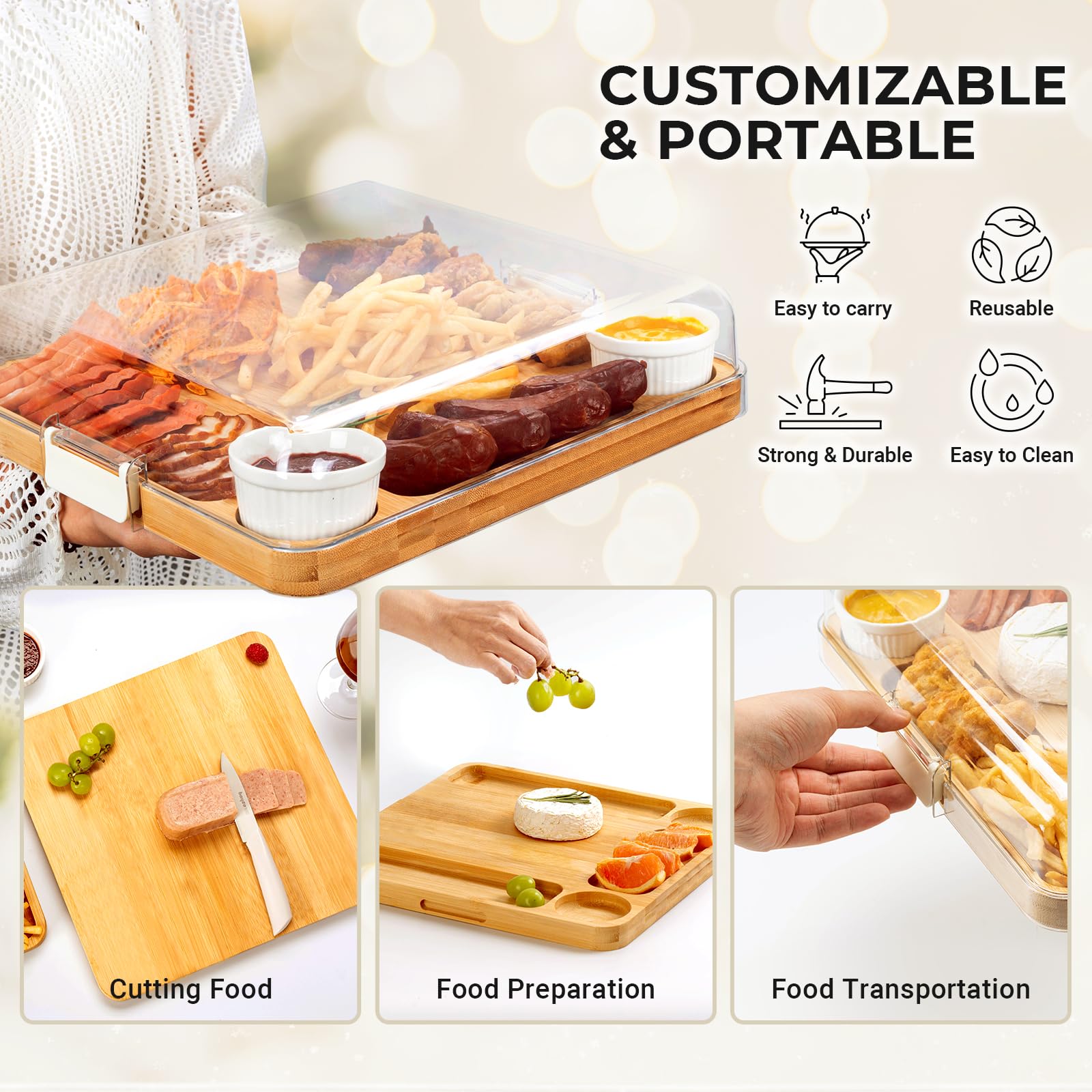 Combler Charcuterie Boards, Bamboo Charcuterie Board with Lid, Cheese Board with Buckle Locking, Sauce Grooves, Cutting Boards for Kitchen, House Warming Gifts New Home, Gifts for Women