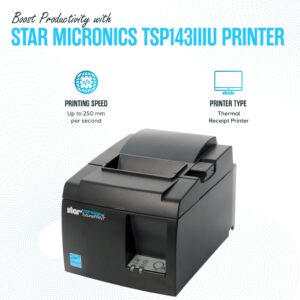 TSP143IIIU USB ONLY - NOT Bluetooth - Star Micronics Thermal Receipt Printer Bundle - 1 Year Warranty - with USB 2.0 Cable, Universal Power Cord and Microfiber Cleaning Cloth - TSP100iii-USB (Renewed)