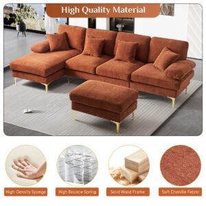 OUYESSIR 110" U Shaped Sectional Sofa Couch for Living Room, 4 Seater Sofa Convertible L-Shaped Chenille Couch Set with Chaise Lounge, Ottoman and Pillows, Orange