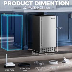 Coolski 15" W Commercial Under Counter Ice Maker Machine, 80 LBS/Day Stainless Steel Built-in Freestanding Ice Maker with Condensate Removal Pump, Water Filter, for Home Apartment & Commercial Use